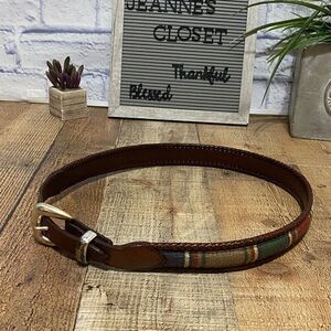 Vintage Brown Leather Embroidered Stripe Belt Silver Toned Hardware Size 34